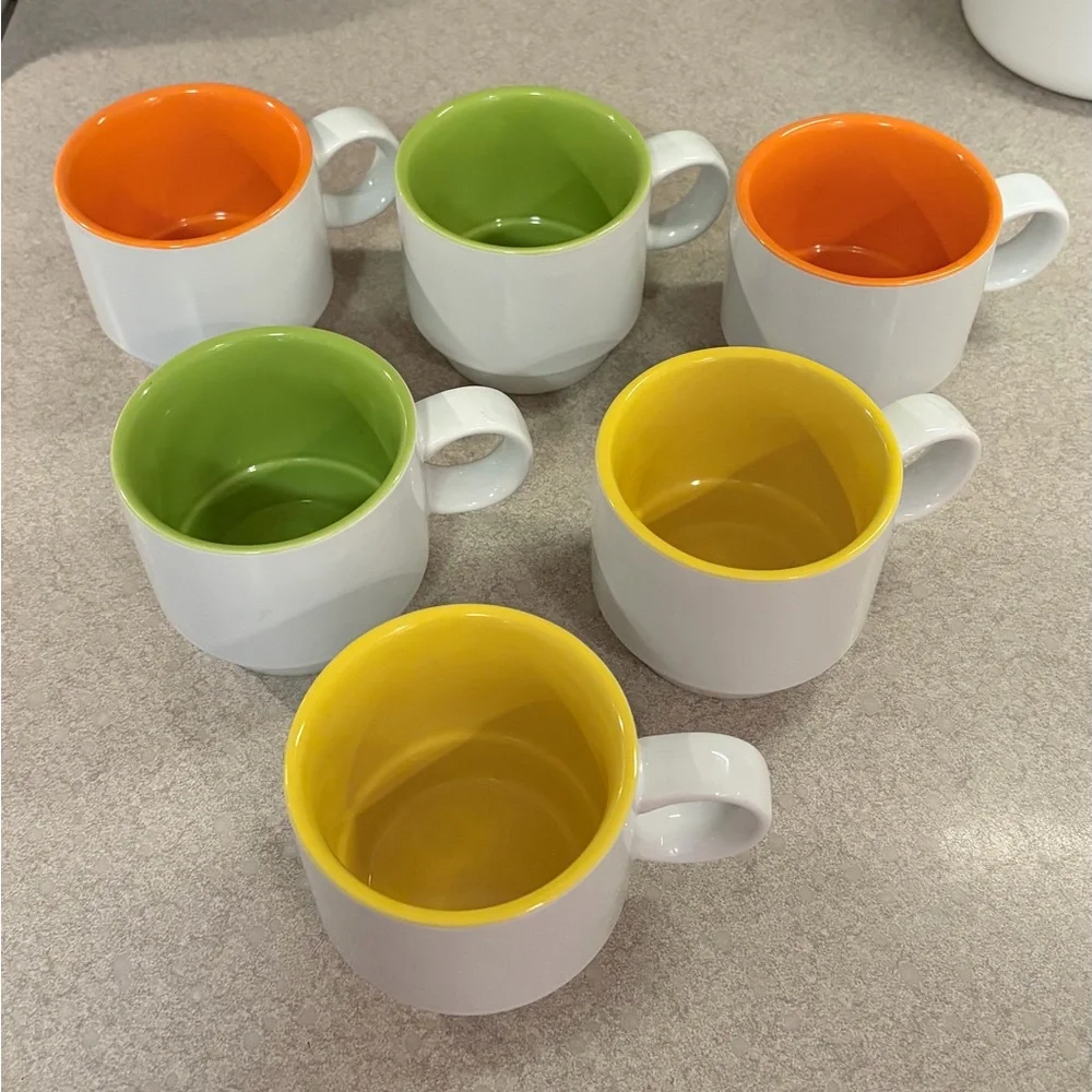 Crate&Barrel Stackable Set of 6 Coffee Cups 8 oz. “Pick Me Up